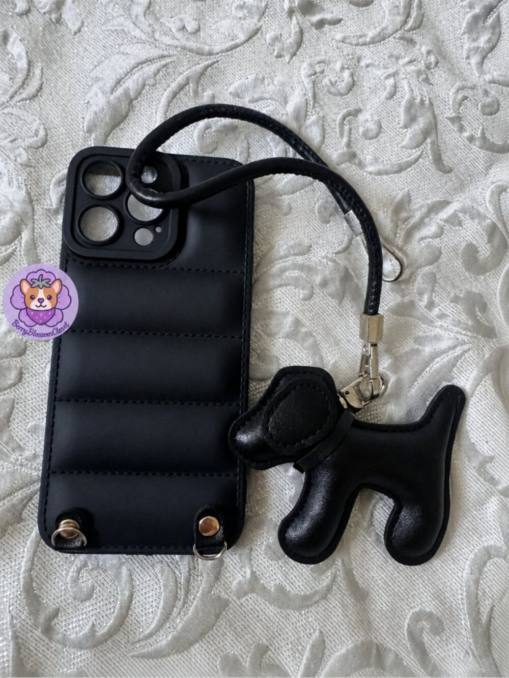 Black Puffed IPhone 15 Pro Max Case with Dog Charm & Wrist Strap